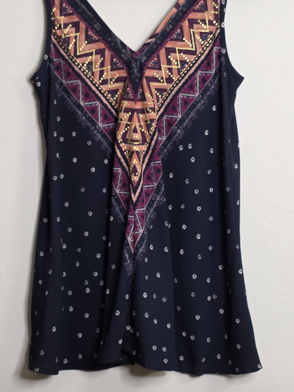 Xhilaration Navy Floral Dot Blouse with Pink Trim